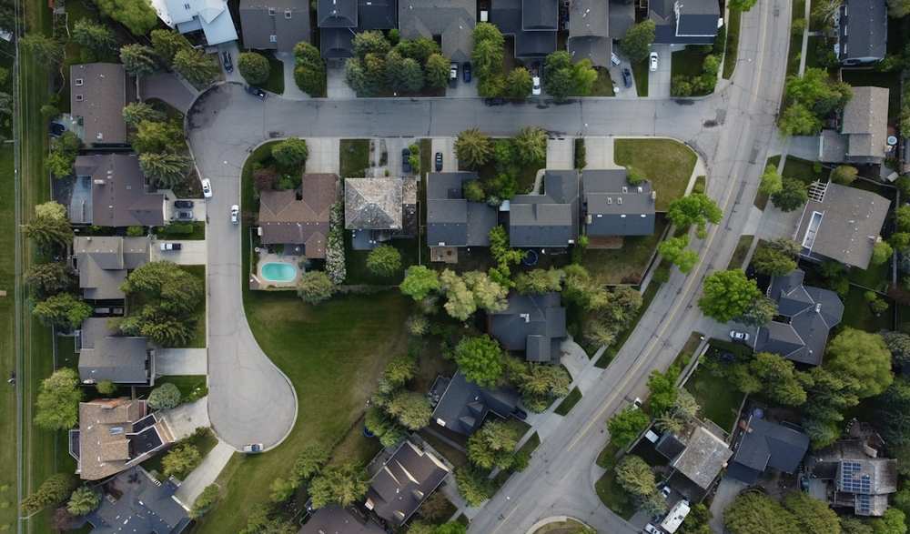 Aerial view of a residential neighborhood