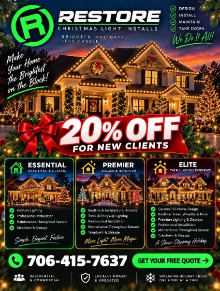 LaGrange Spotlight card for Restore Christmas Light Installs offering 20% off for new clients, with Essential, Premier and Elite packages